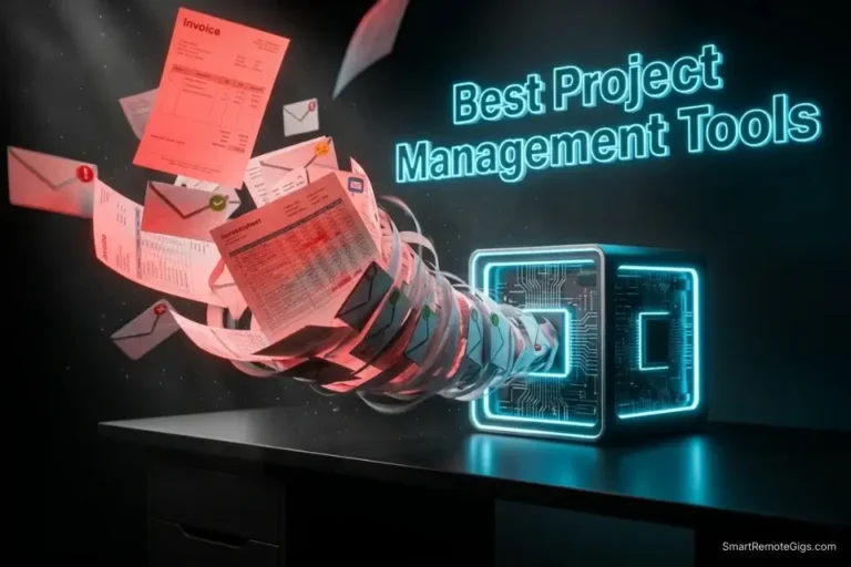 3D rendering of chaotic freelance paperwork being organized into a sleek digital project management dashboard.