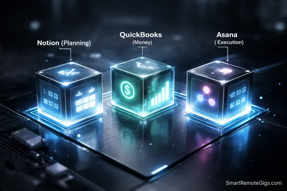 A 3D cinematic representation of an integrated software tech stack for freelancers.