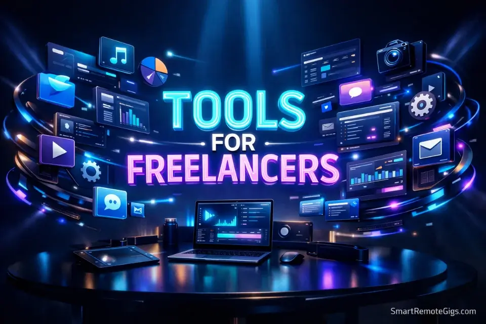 A futuristic 3D cinematic rendering of orbiting digital apps and software interfaces representing the best tools for freelancers.