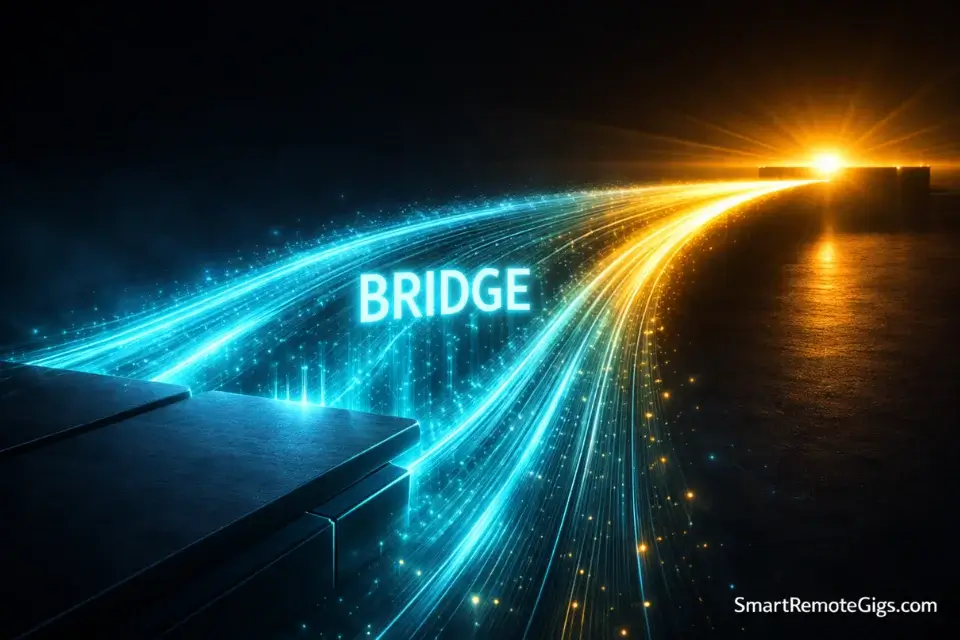 A glowing digital bridge connecting two platforms, representing immediate-start remote jobs as a bridge to financial stability.