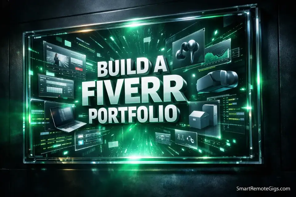 3D cinematic illustration showing an empty digital gallery filling up with premium Fiverr portfolio mockups generated from zero clients.