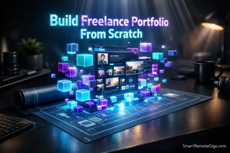 Cinematic 3D rendering of glowing digital building blocks assembling a freelance portfolio from scratch on a blueprint.