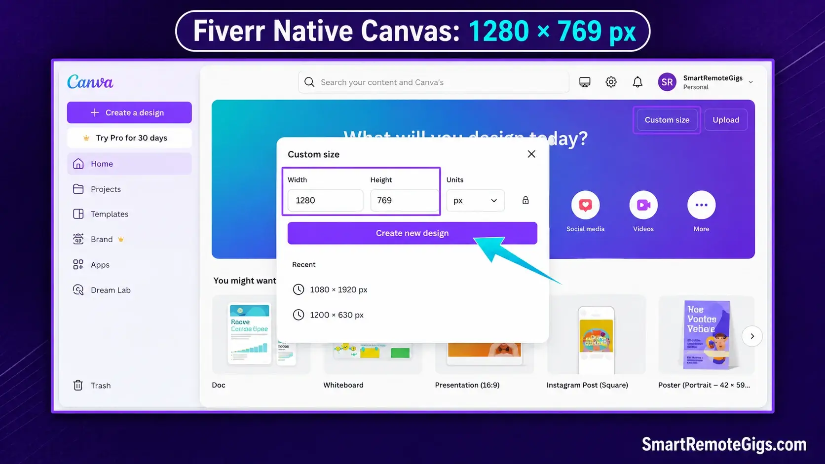 Canva custom size setup window showing exact 1280 by 769 pixel dimensions for Fiverr gig thumbnails.