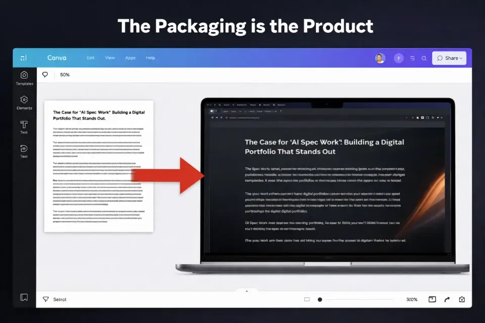 Screenshot showing how to use Canva device mockups to package raw text into a high-fidelity freelance portfolio piece.