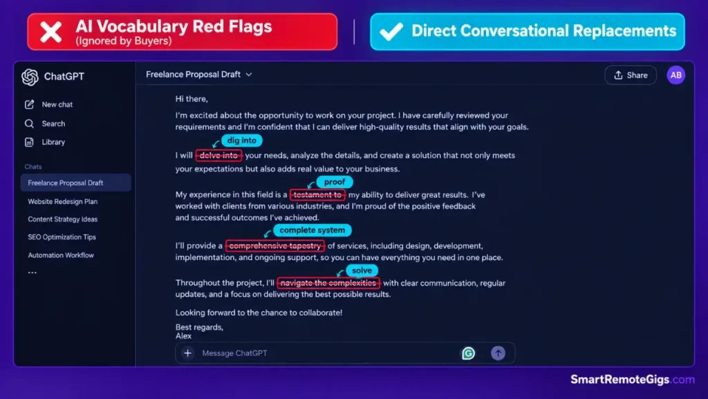 Screenshot of a ChatGPT freelance proposal highlighting robotic AI buzzwords to eliminate before sending.