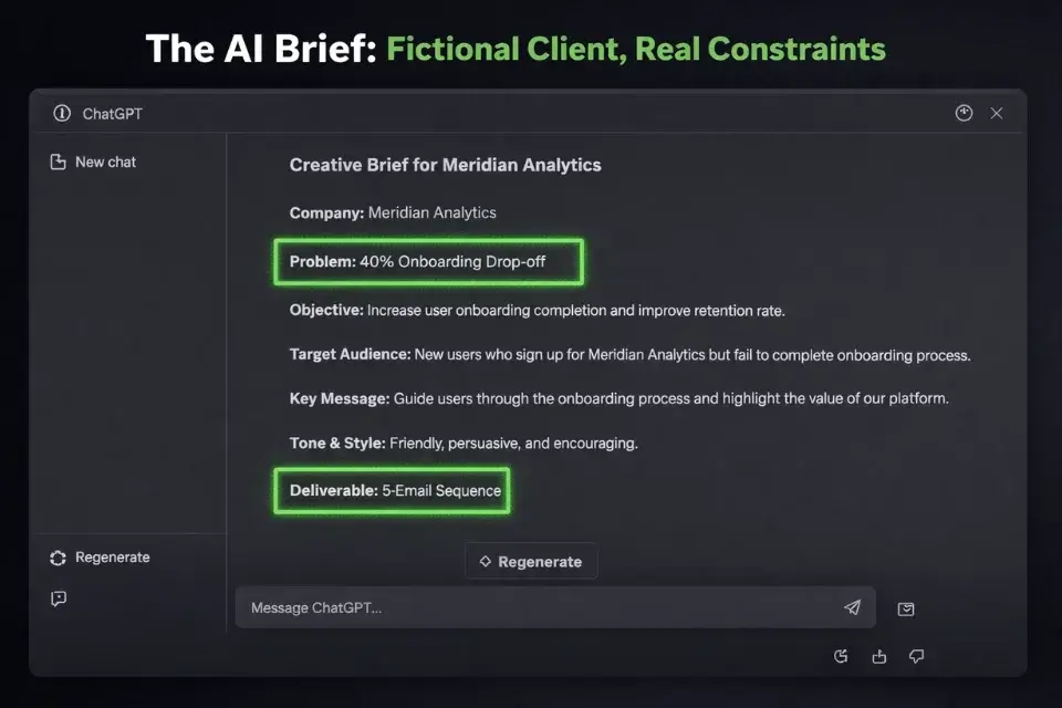 Annotated screenshot of ChatGPT generating a highly specific creative brief for a fictional portfolio concept project.