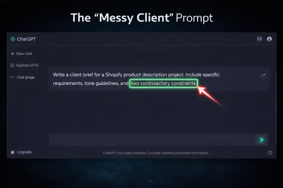 Screenshot of a ChatGPT prompt used to generate a realistic, messy client brief for Fiverr spec work.