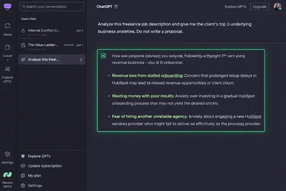 A screenshot of ChatGPT being used to analyze a freelance job description for client pain points.