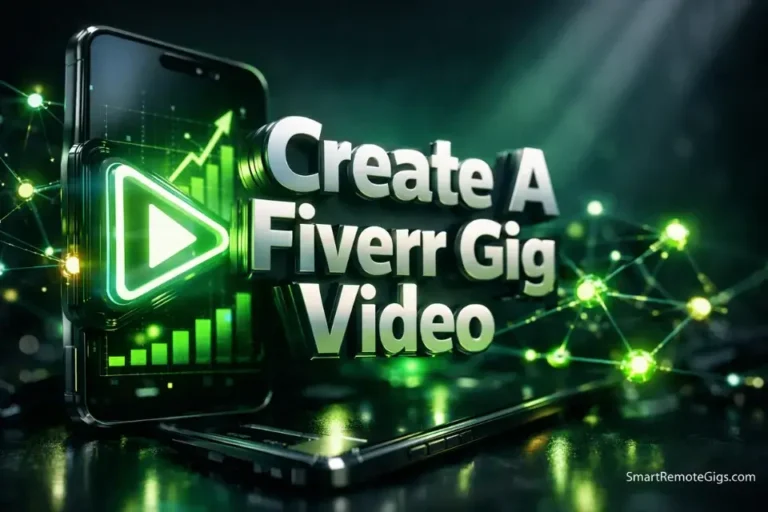 3D cinematic illustration showing a futuristic smartphone and AI play button generating a high-converting Fiverr gig video.
