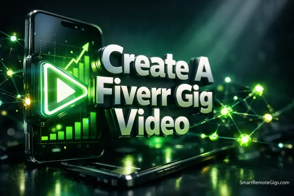 3D cinematic illustration showing a futuristic smartphone and AI play button generating a high-converting Fiverr gig video.