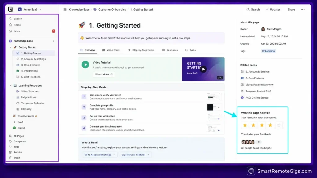 Notion customer education knowledge base structure showing onboarding documentation modules.