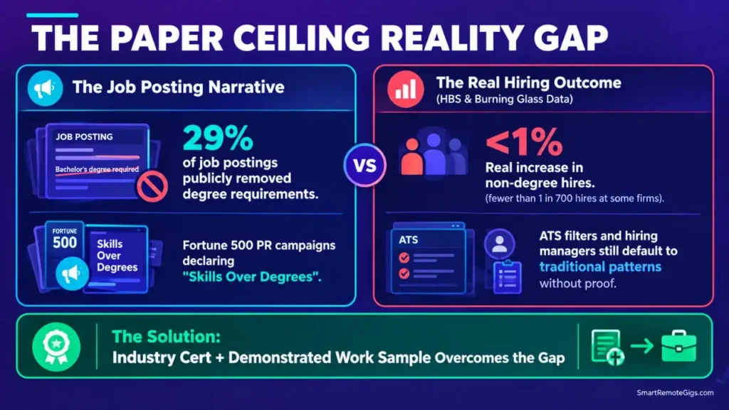 Data graphic comparing job postings dropping degree requirements with actual hiring statistics from Harvard Business School research.