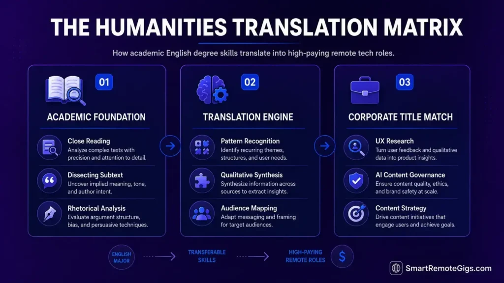Framework graphic illustrating how academic English degree skills translate into high-paying remote tech roles.