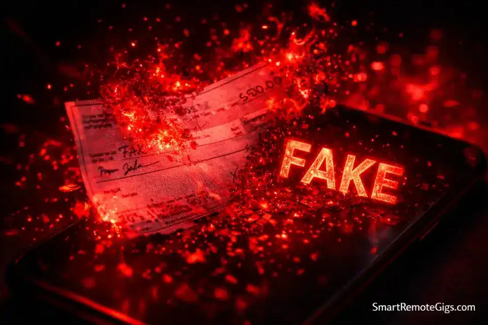 A paper check dissolving into red digital fragments over a smartphone, warning against remote job fake check scams.