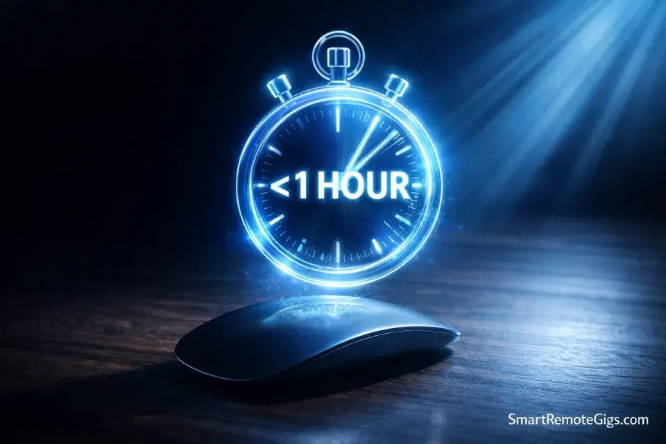 A glowing digital stopwatch over a computer mouse, showing that you can start earning in under 1 hour with micro-task jobs.