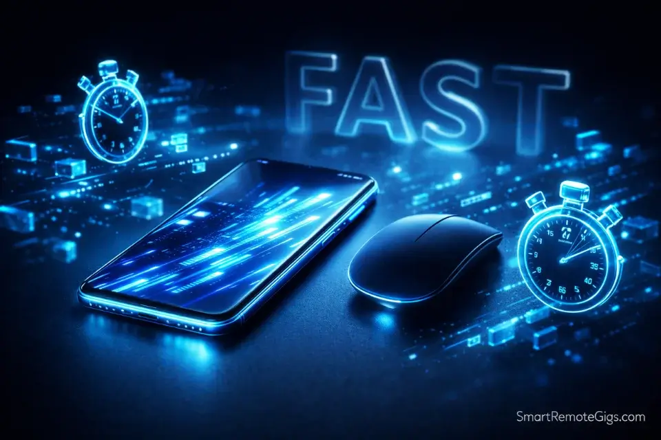 A smartphone and computer mouse surrounded by stopwatches, representing fast micro-task remote jobs.