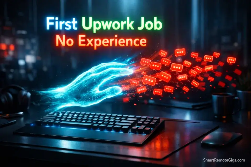 Cinematic 3D rendering of a human energy hand defeating a swarm of AI robotic proposals on a freelancer's desk.