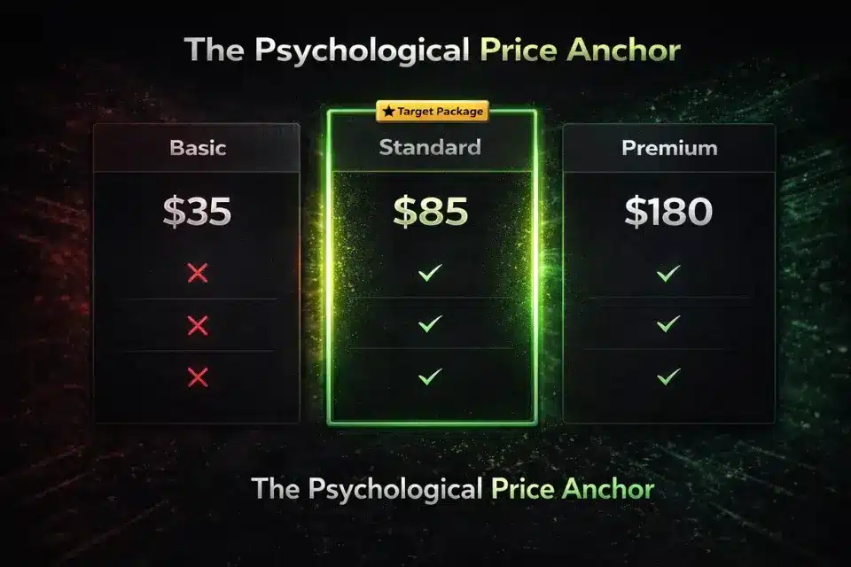 Diagram showing the 3-tier psychological pricing model on Fiverr, anchoring buyers to the middle standard package.