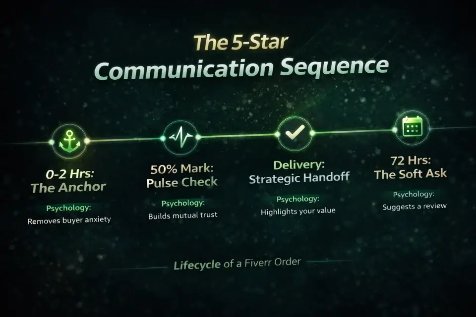 Timeline infographic mapping the exact 4-message sequence to send buyers on Fiverr to guarantee a 5-star review.