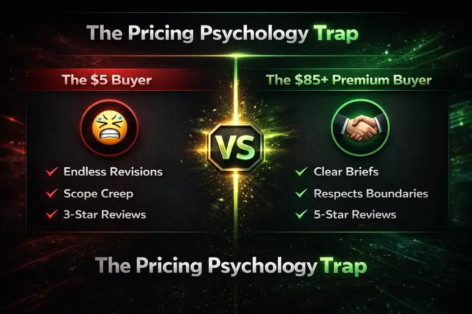Infographic comparing the demanding $5 Fiverr buyer to the premium high-paying client.