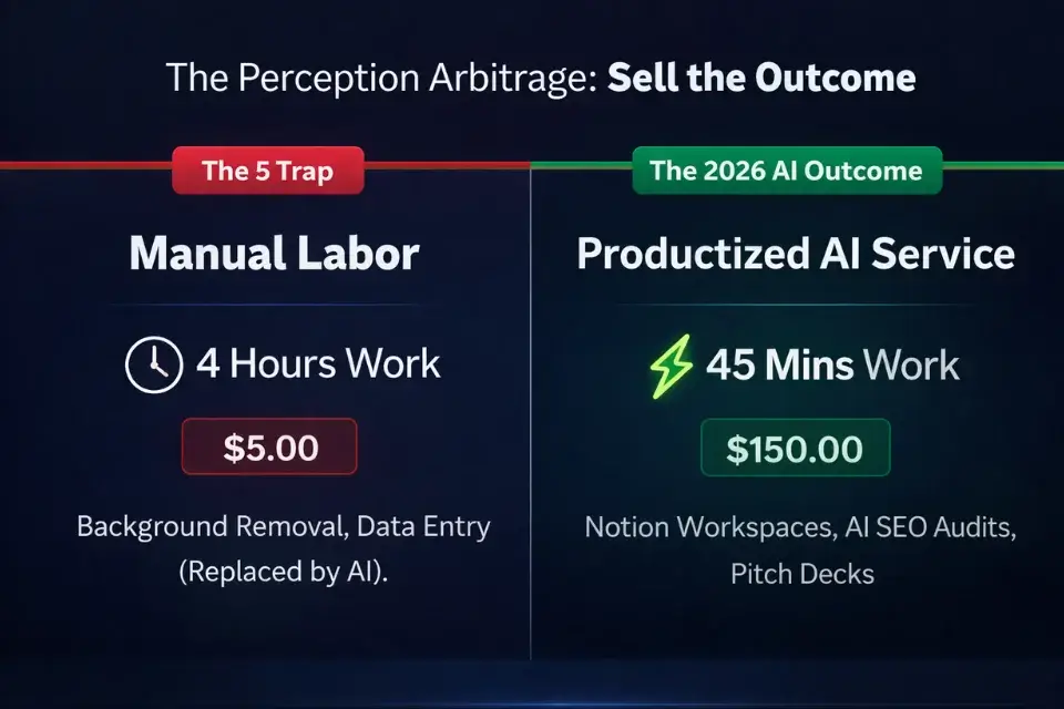 Infographic comparing the low-paying manual labor Fiverr trap to high-paying, fast AI-fulfilled freelance gigs.