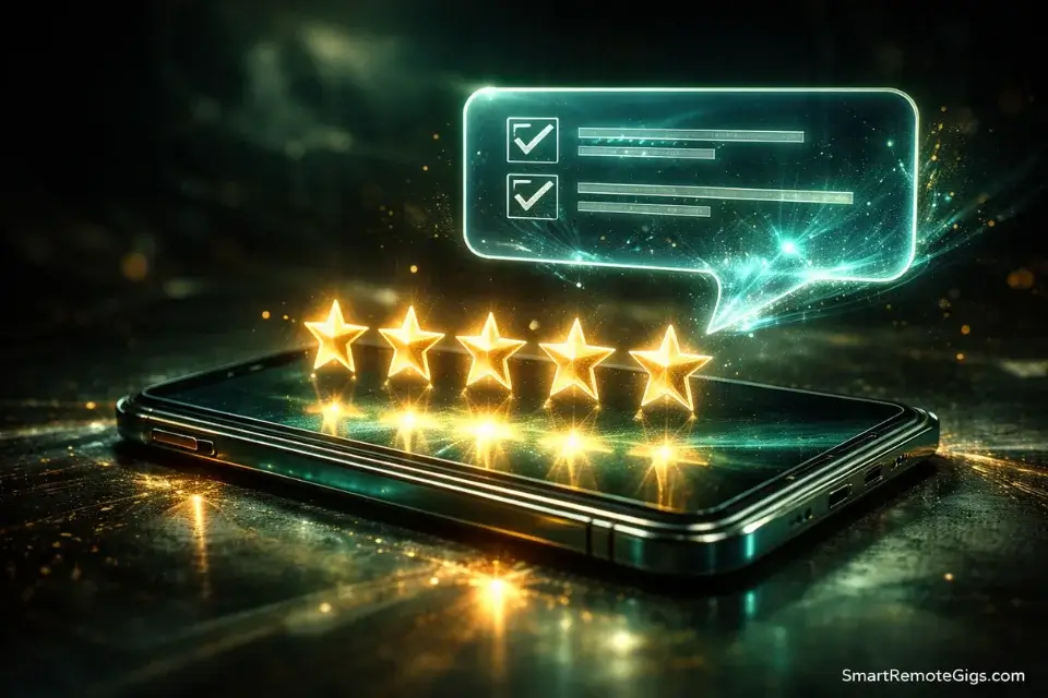 3D render of a smartphone with glowing 5-star reviews and communication bubbles symbolizing Fiverr delivery.