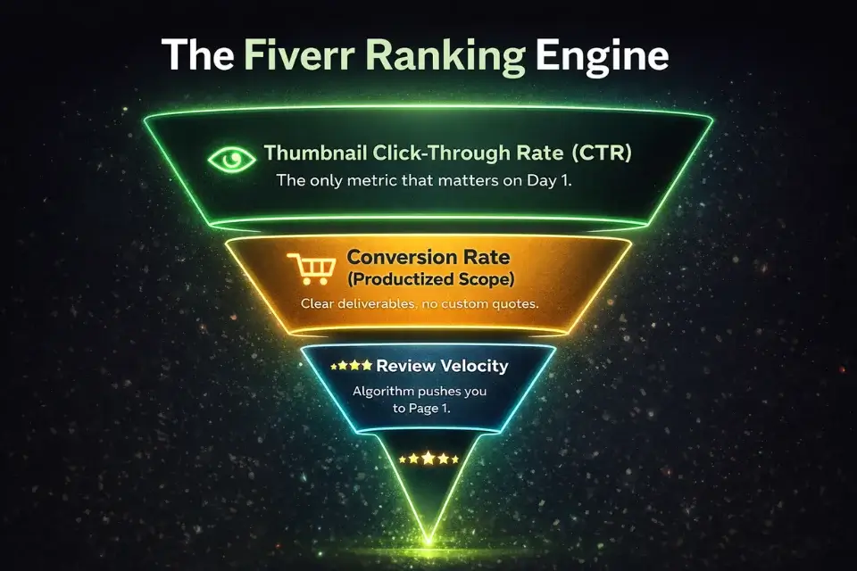 Infographic funnel explaining how Fiverr's search algorithm prioritizes gig thumbnail CTR and conversion rates.