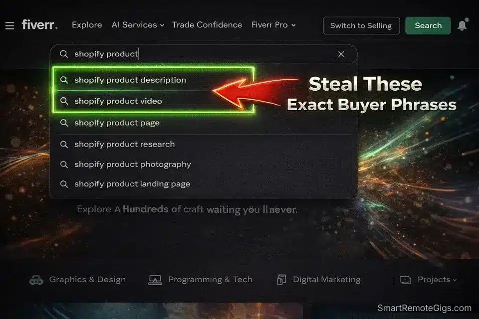 Screenshot of Fiverr search autocomplete revealing exact-match long-tail buyer keywords.