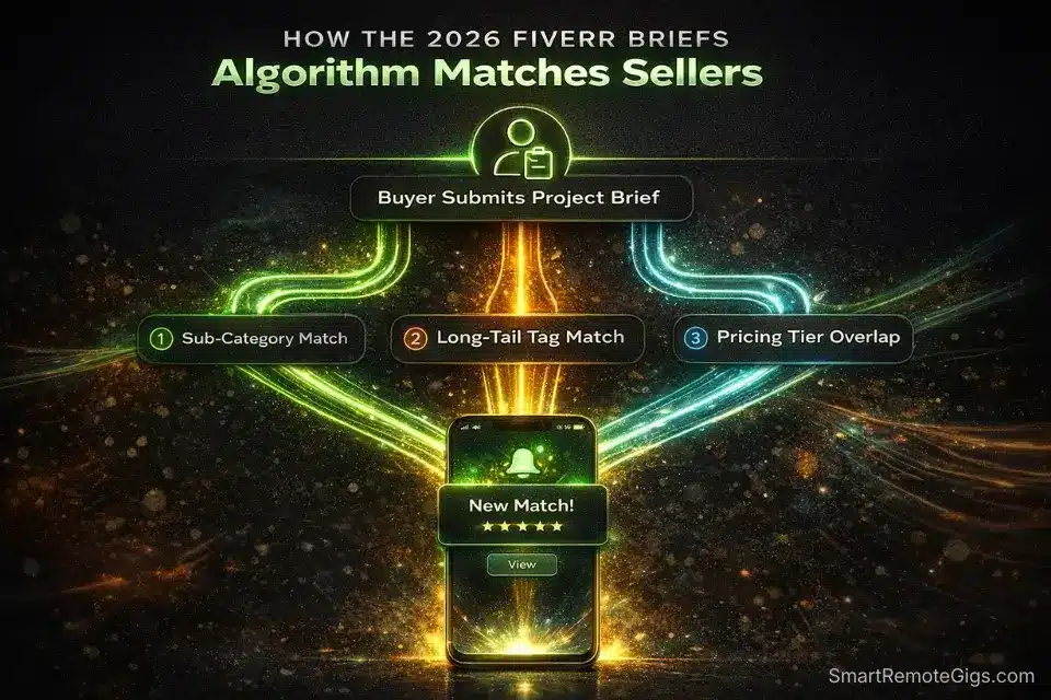 Flowchart explaining how gig tags, categories, and pricing tiers trigger the inbound Fiverr Briefs algorithm.