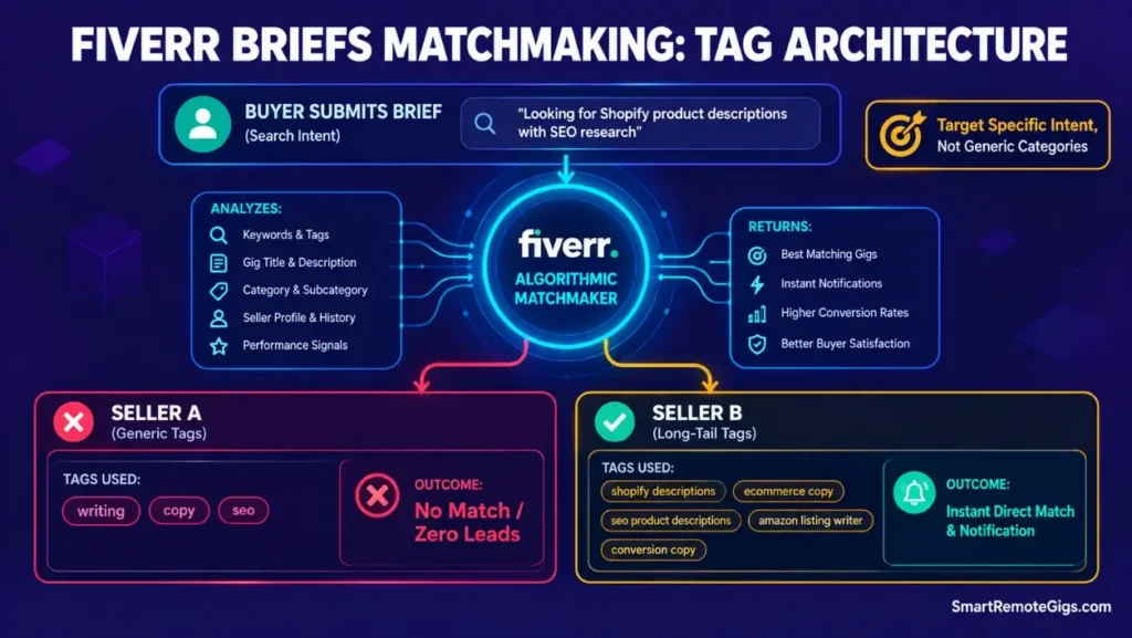 Diagram comparing generic tags to long-tail keyword tags in the Fiverr Briefs matchmaking system.