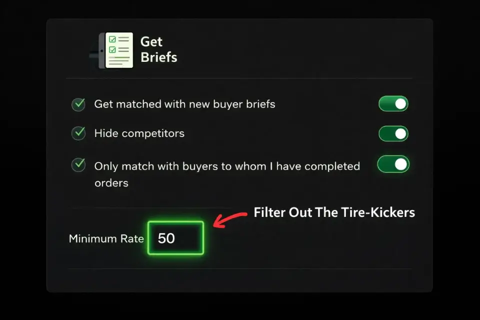 Screenshot of the Fiverr Briefs settings showing how to set a minimum rate filter to avoid low-budget buyers.