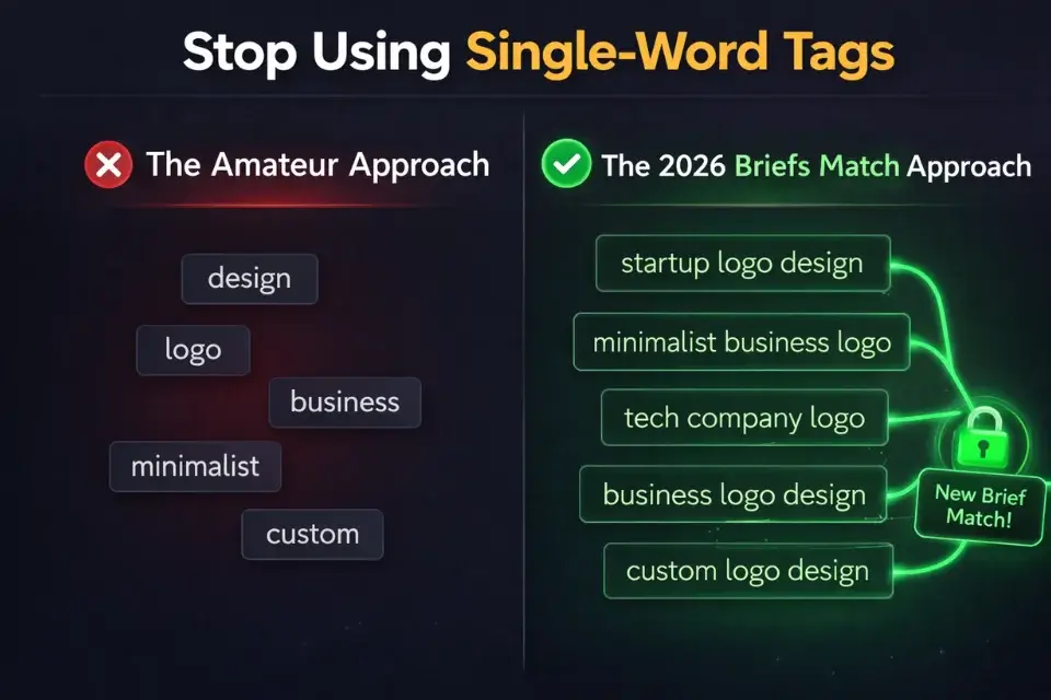 Diagram comparing ineffective single-word Fiverr tags to long-tail keyword phrases that trigger Fiverr Briefs matches.