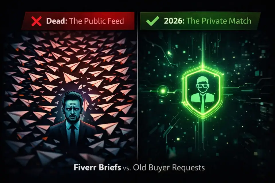 Infographic comparing the dead Fiverr Buyer Requests public feed to the new 2026 private Briefs matchmaking algorithm.