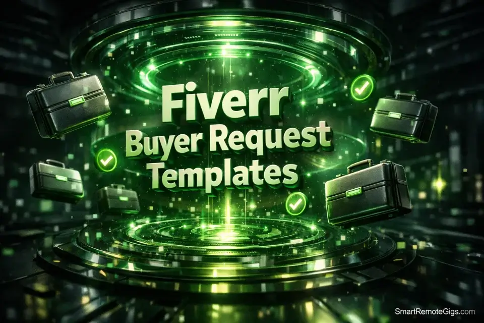 3D cinematic illustration showing a digital matchmaking radar locking in on high-paying Fiverr buyer request templates.
