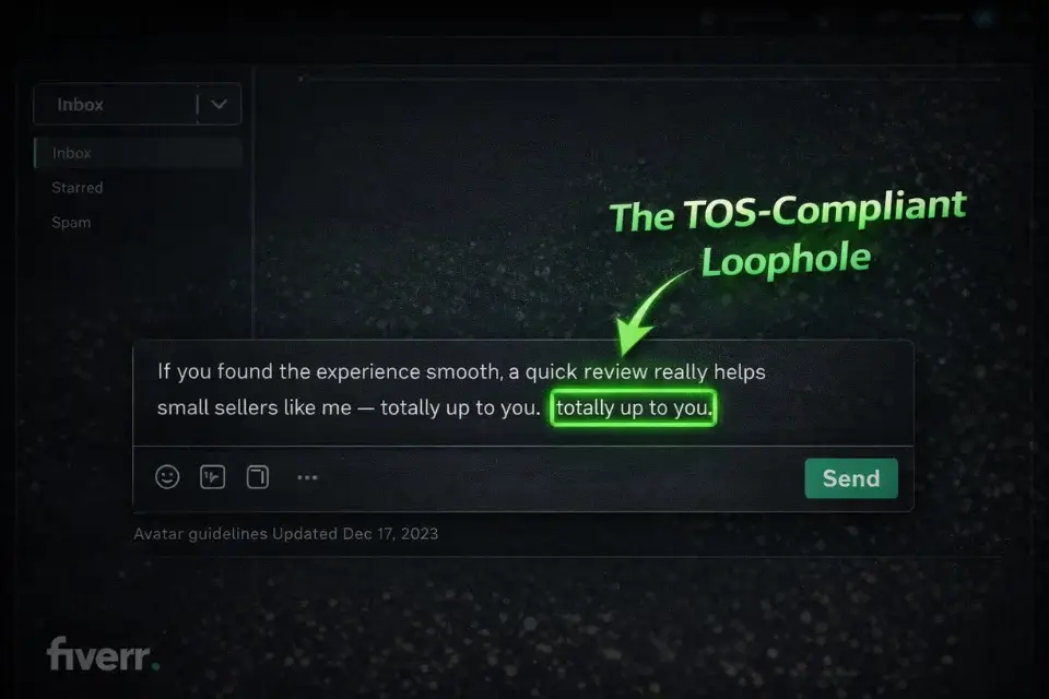 Screenshot of a Fiverr chat window showing the exact TOS-compliant wording to ask a buyer for feedback without getting banned.