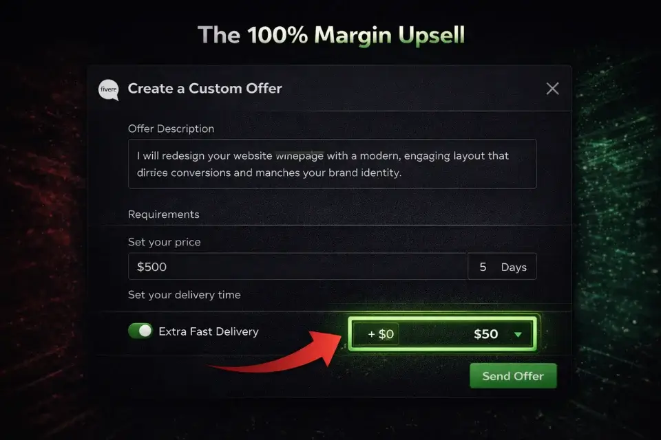 Screenshot of the Fiverr custom offer interface highlighting the extra fast delivery upsell feature.