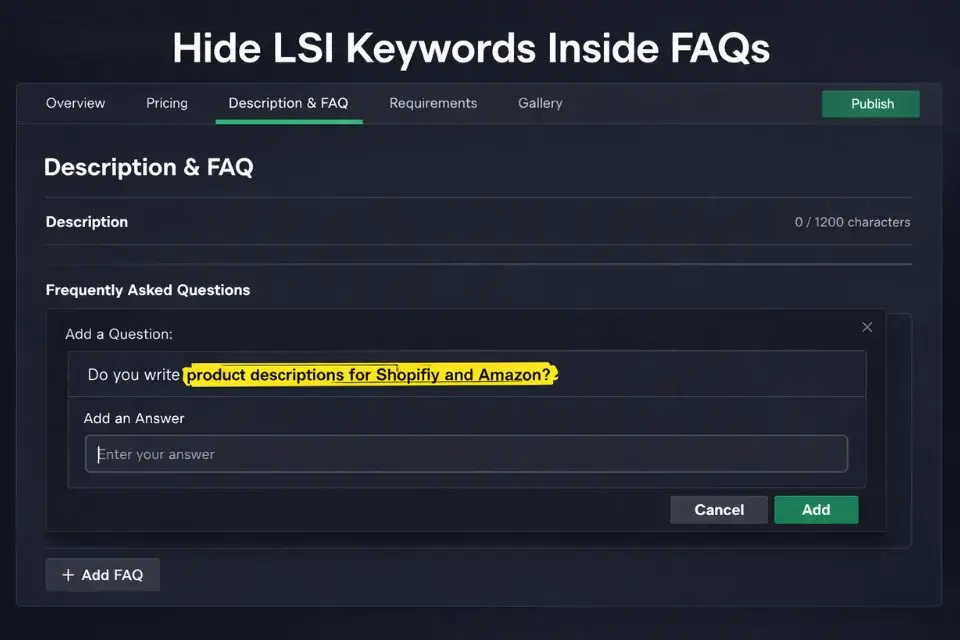 Screenshot of the Fiverr FAQ editor highlighting how to naturally insert long-tail LSI keywords into buyer questions.