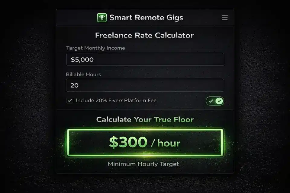 Screenshot of the SRG freelance rate calculator showing how to factor in Fiverr's 20 percent platform fee.