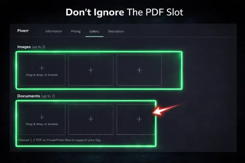 Screenshot of the Fiverr gig gallery upload interface highlighting the image limit and the crucial PDF document slot for case studies.