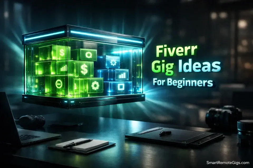 Cinematic 3D rendering of a futuristic digital storefront representing high-ticket Fiverr gig ideas for beginners.