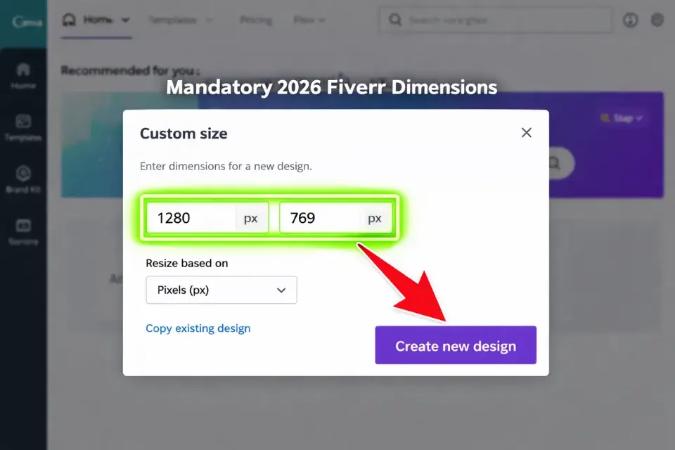 Screenshot of Canva custom size settings showing the exact 1280 by 769 pixel dimensions for Fiverr gig images.