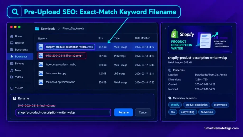 File metadata screenshot showing SEO keyword file naming for Fiverr gig image pre-upload optimization.