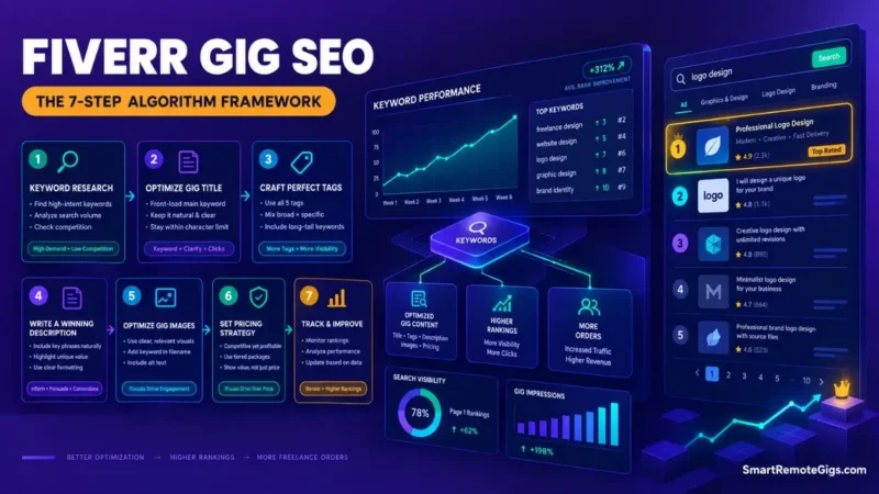 Fiverr gig SEO 2026 strategy framework for ranking freelance services on page one of search results.