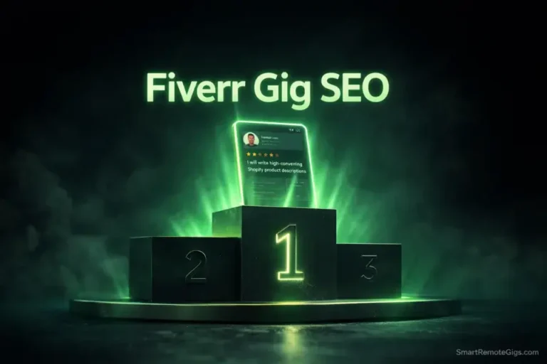 3D cinematic illustration showing a Fiverr gig climbing to page 1 rankings using Fiverr Gig SEO in 2026.