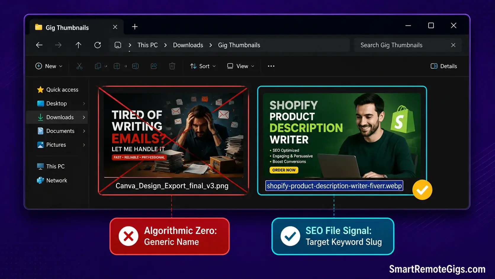 File renaming demonstration showing SEO keyword file naming for Fiverr gig image pre-upload optimization.