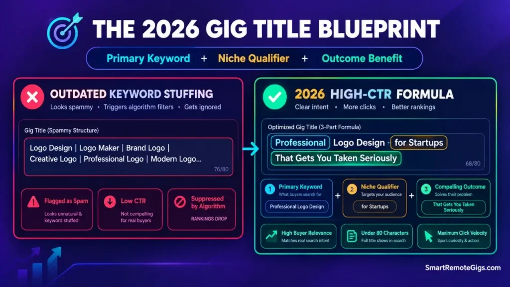 Fiverr gig title formula comparison showing keyword stuffing versus a high-converting 2026 title structure.