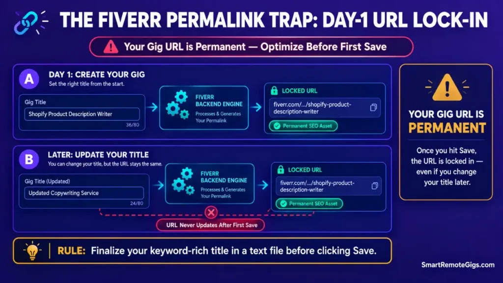 Infographic workflow explaining how Fiverr permanently creates gig URLs from the first saved draft title.