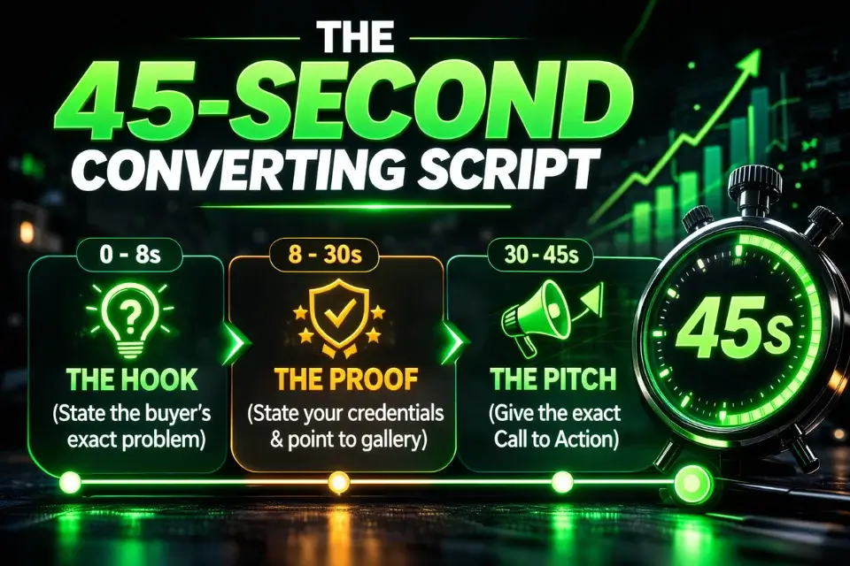 Infographic timeline breaking down the proven 3-part script formula for a Fiverr gig video.