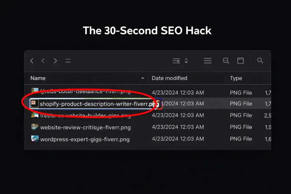 Screenshot demonstrating how to rename a Fiverr gig thumbnail file with SEO keywords before uploading to the platform.