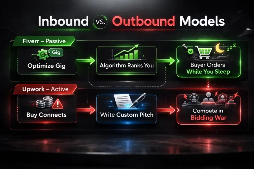 Flowchart demonstrating the difference between Fiverr's passive inbound search algorithm and Upwork's active outbound proposal system.